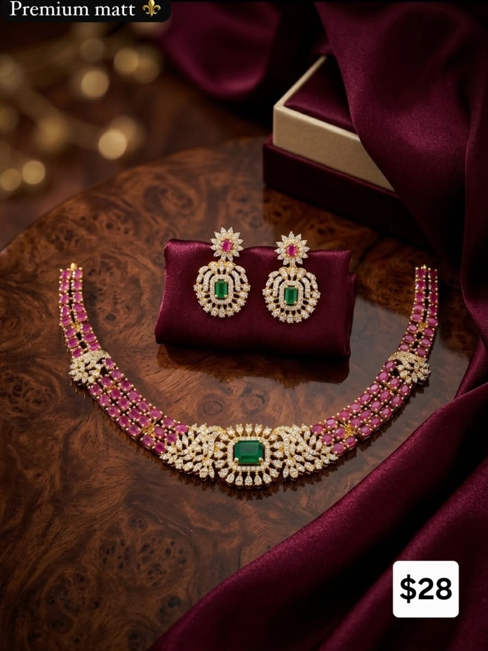 Elegant Women's Ruby & Emerald Necklace Set with Gold-tone Accents